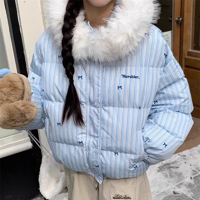 Designed Striped Bow Fur Collar Hooded Cotton Coat Thickened Petite Women's Cotton Coat