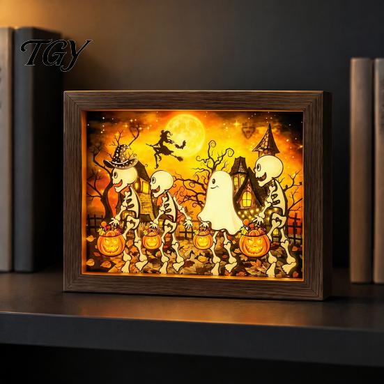 Modern Holiday Home Accents Ghost Photo Frame Lamp, Halloween Lighted Shadow Box, Seasonal Shelf Gothic Skeleton Table Centerpiece for Bedroom Living