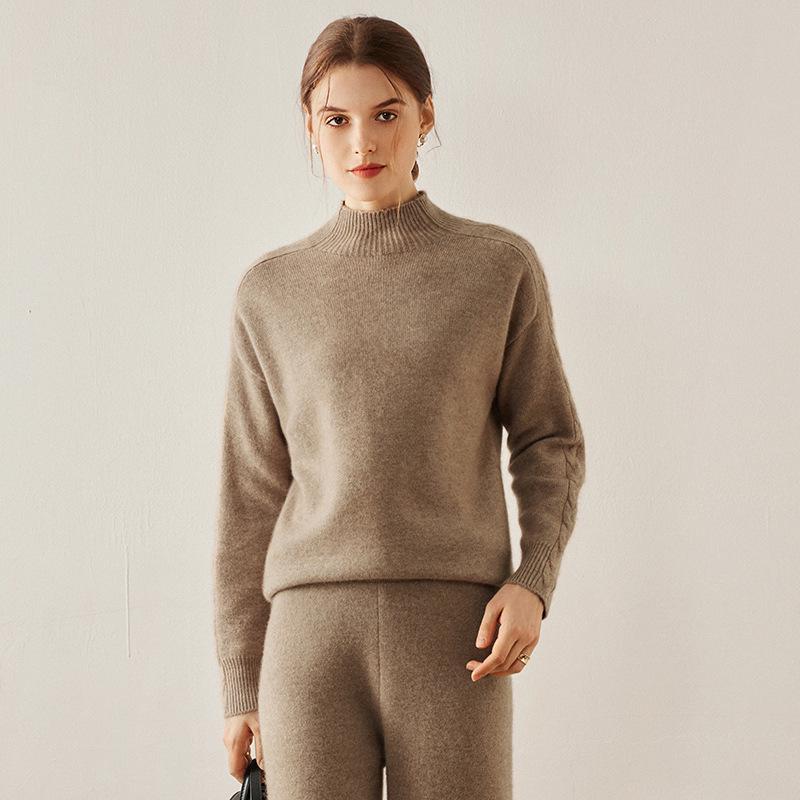 Women's Cable Knit Cashmere Sweater - Long Sleeve, Half-High Neck, Saddle Shoulder, Loose Fit, Solid Color, Autumn/Winter Pullover.