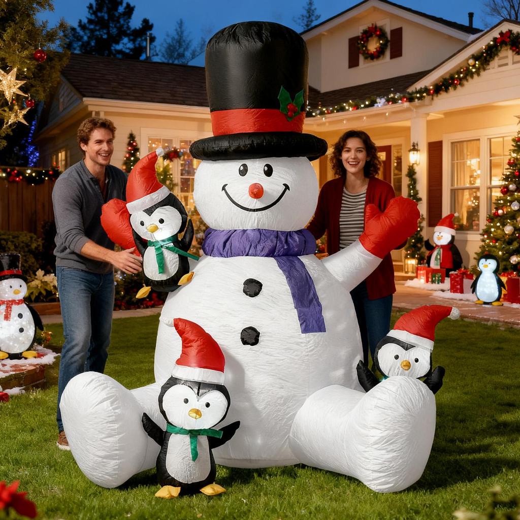 7FT Christmas Inflatable Sitting Snowman Ornament RGB LED Lights With 3 Penguins Christmas Inflatable Outdoor Decoration