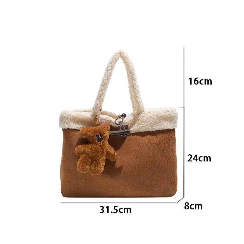 Vintage Horn Button Suede Tote Bag Women Korean Imitation Lamb Wool Trim Brown Handbag With Pendant Versatile Casual Shoppingbag