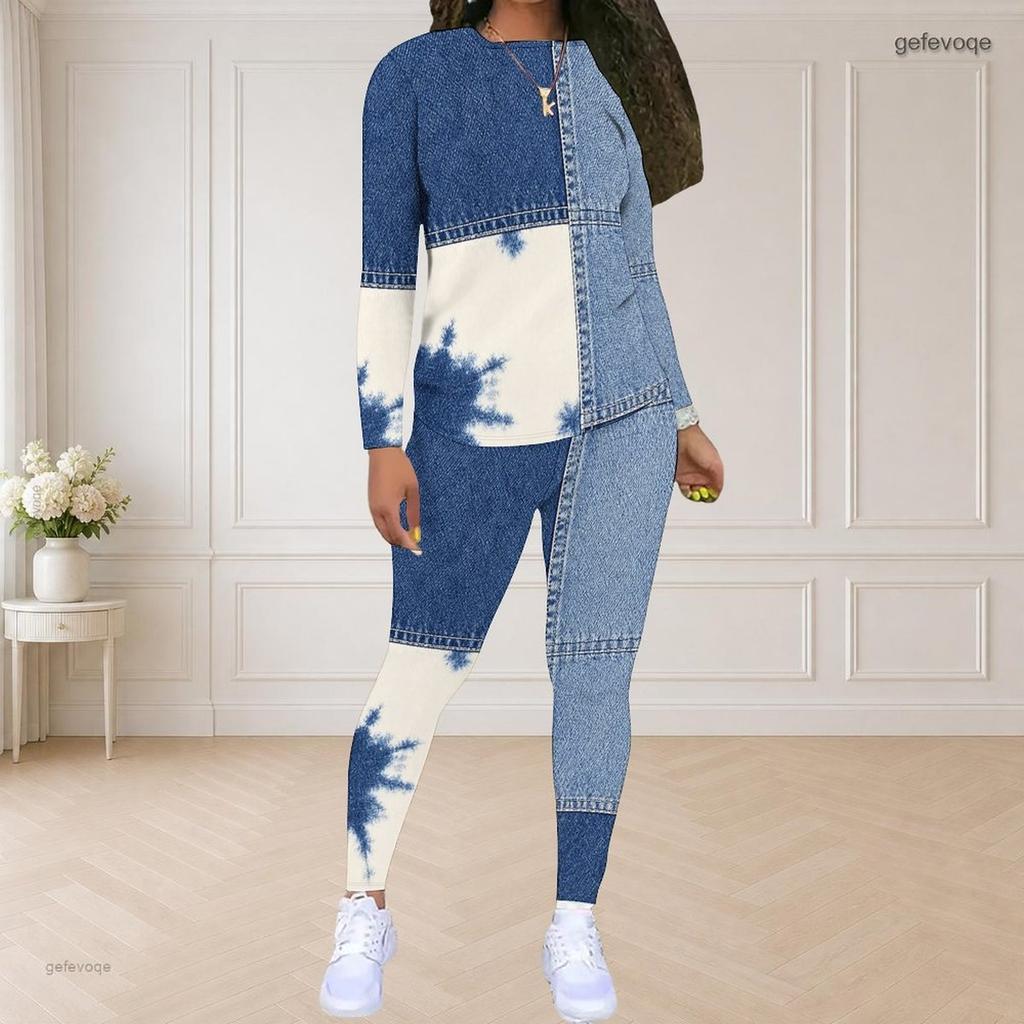 Women Plus Size Two Piece Set Round Neck Long Sleeve Printed Top And Fitted Pants