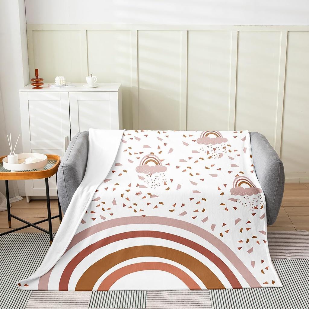 Pretty Rainbow Fleece Throw Blanket Cute Cloud and Love Hearts Flannel Blanket Plush Fuzzy Colorful Stripes for Bed Cou