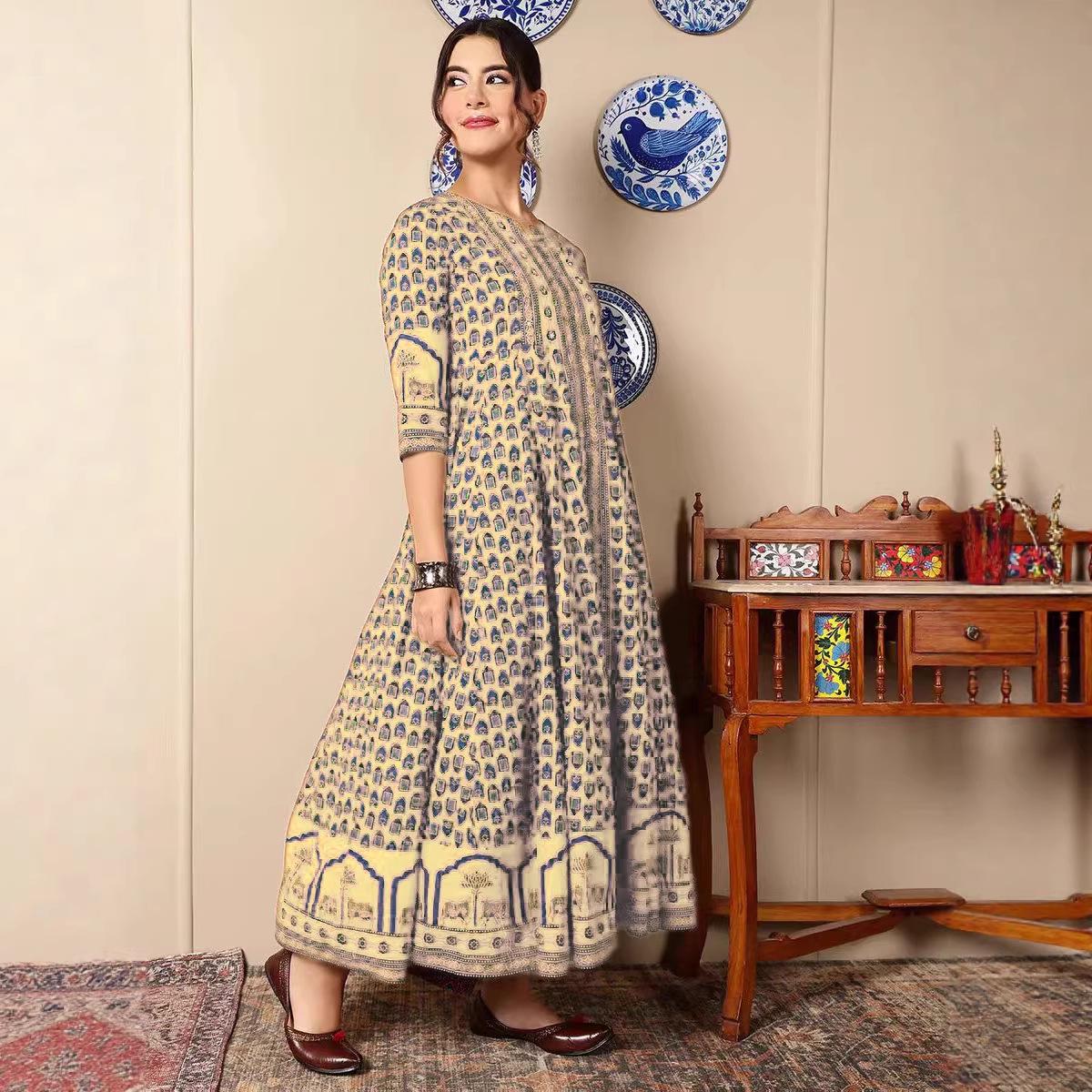 

Women s Plus Size Ethnic Style Full Print Long Sleeve Woven Dress 1XL