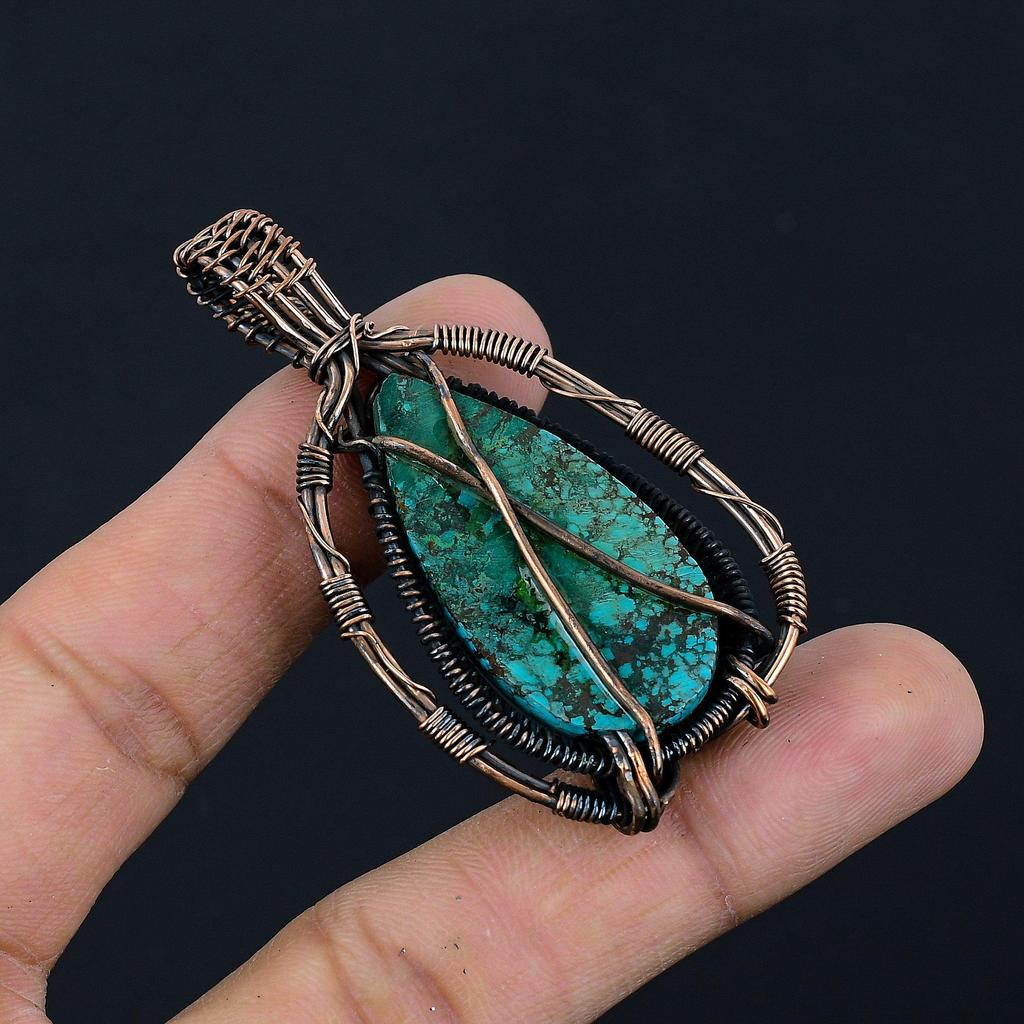 Tibetan Turquoise Pendant, 999 Copper Wire Wrapped Gemstone Jewelry, Handmade Pendant, For Thanksgiving
