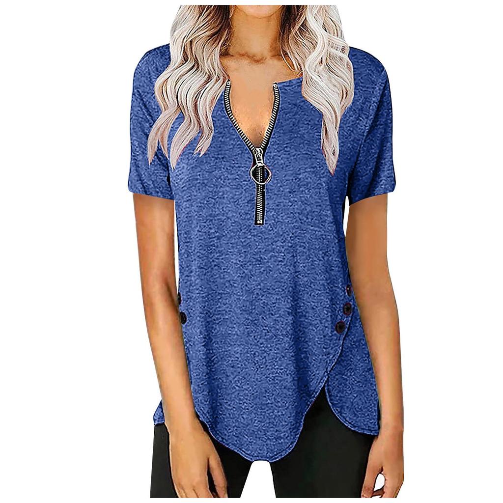 Womens Casual Color Zipper Short Sleeve Loose Top T-Shirt Blouse