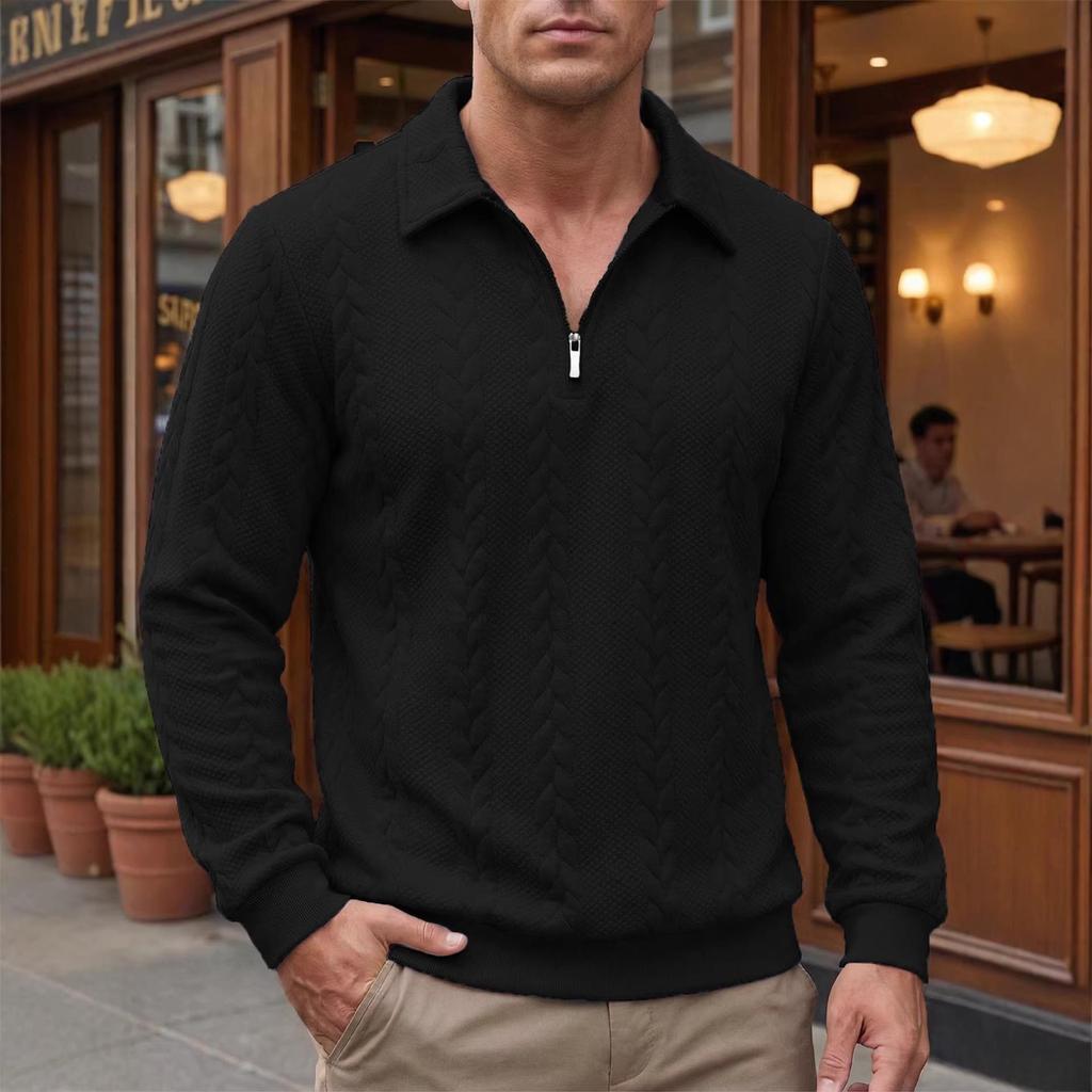Men's Long Sleeve Jacquard Half-Zip Pullover Hoodie with Lapel for Spring and Autumn