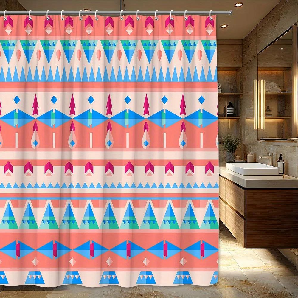 

1Pc Vibrant Geometric Stripe & Diamond Pattern Shower Curtain - Modern Minimalist Design In Blue, Red, Green, Peach & Pink, 70. W60H190(CM)-1 Pcs