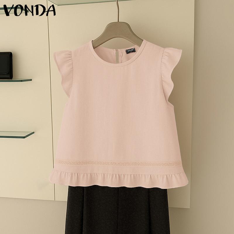 

VONDA Women Sleeveless Tops Casual Solid Color Ruffled Office Tanks 2XL синій