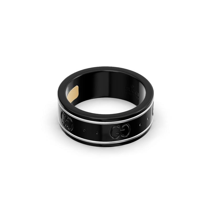 Gucci ring Icon series narrow version European and American style glossy white 18K gold women's Black 11