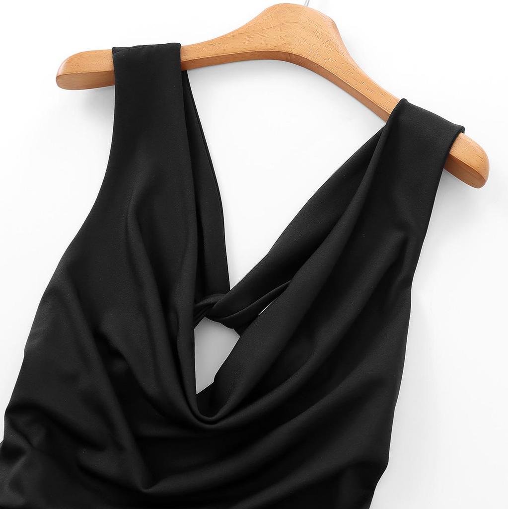 2025 Spring Sleeveless Slim Fit Midi Dress with Draped Collar and Back Tie Detail - European & American Style Women's Fashion