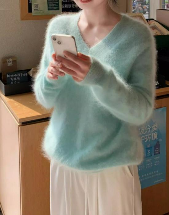 Ice Age Light Grey Brushed Cashmere V-Neck Sweater: Women's Loose Fit, 100% Cashmere