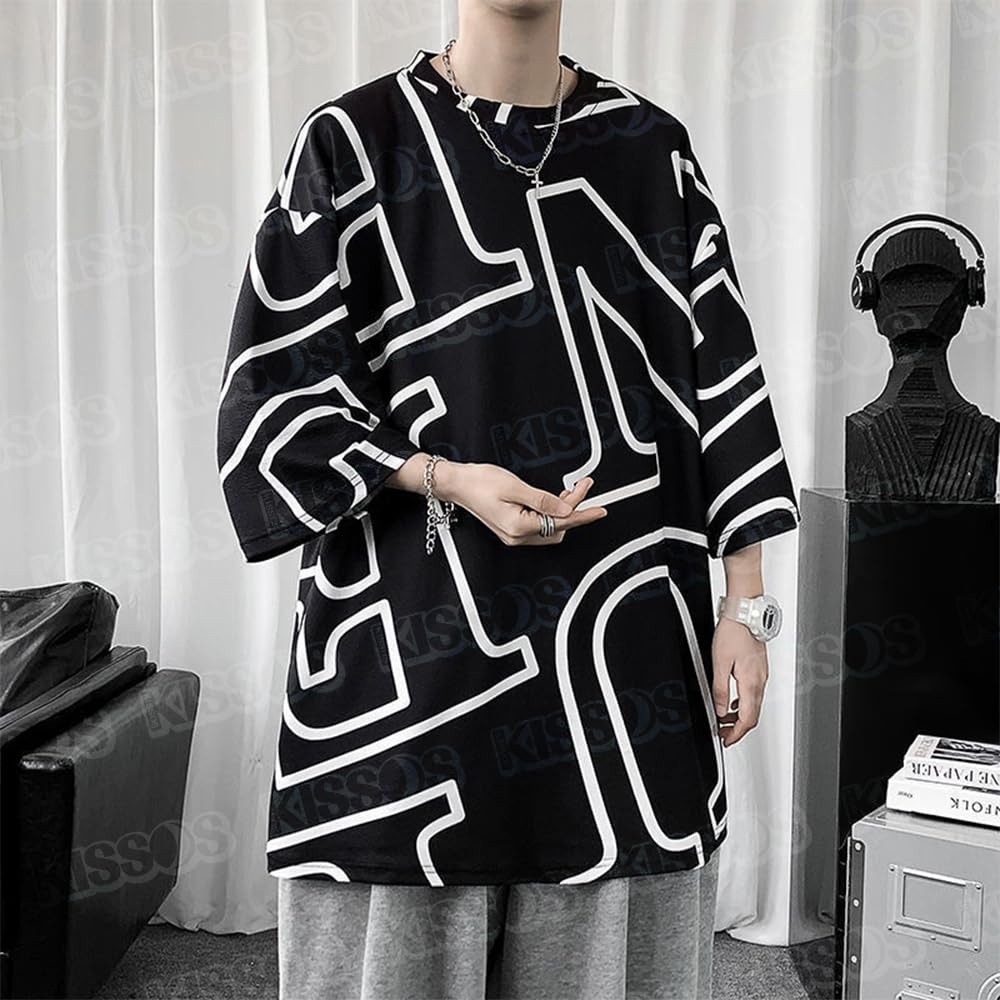 KISSOS Loose Fit Korean Casual Top Men's T-Shirt, All-Over Print, 3/4 Sleeve, Fashion, (XL)
