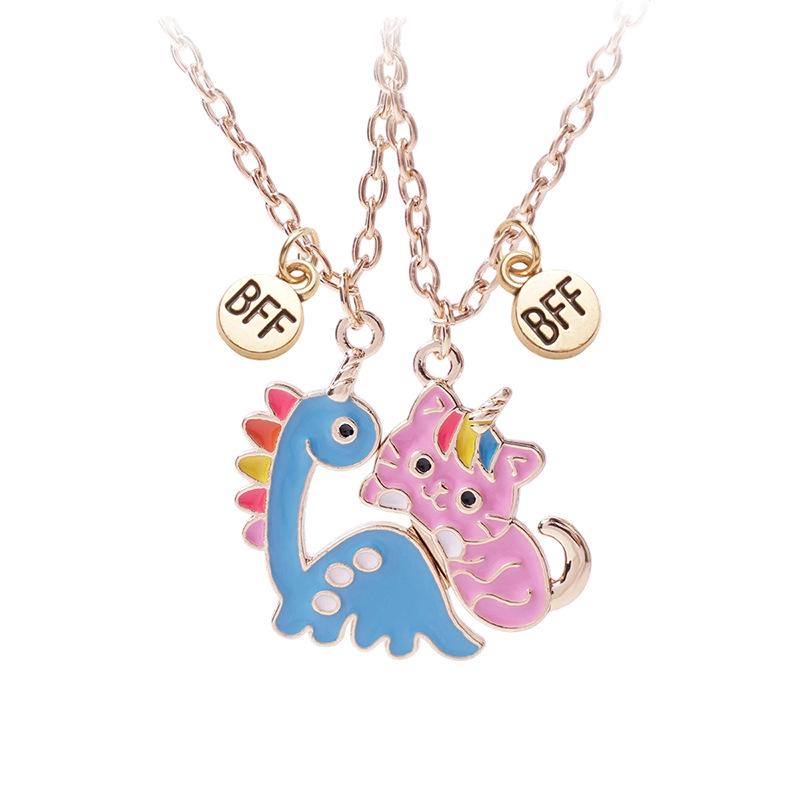 Pink & Blue Kitten Magnetic BFF Necklace Set – Cartoon Alloy Drip Oil Charm