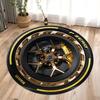 Car Wheel Rim Gold Accent Design Carpet Mat Anti-Slip Rubber Backing Rug Metallic Finish for Garage Home Decoration Sporty Style
