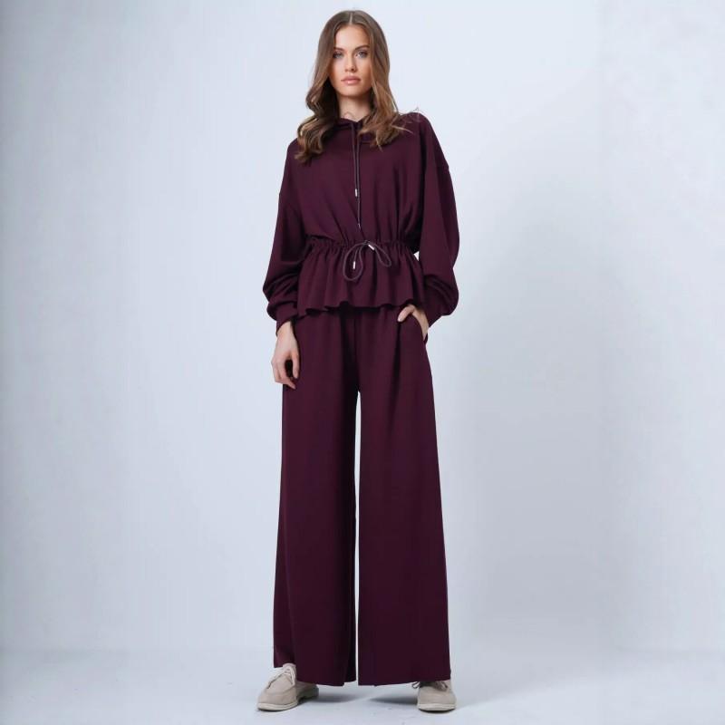 Womens 2026 Fall Casual 2-Piece Set Loose Hoodie Wide-Leg Pants With Drawstring Pure Color Streetwear Outfit
