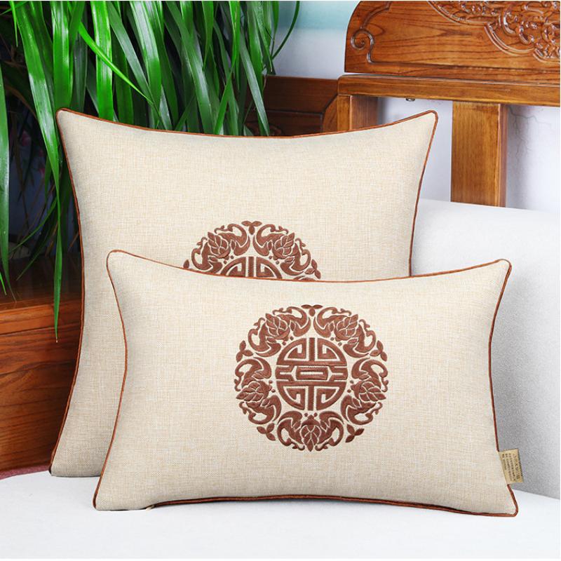 New Chinese-style Embroidered Throw Pillows Solid Wood Sofa Cushions Bedroom Headboard Backrest Waist Pillow Cushion Cover