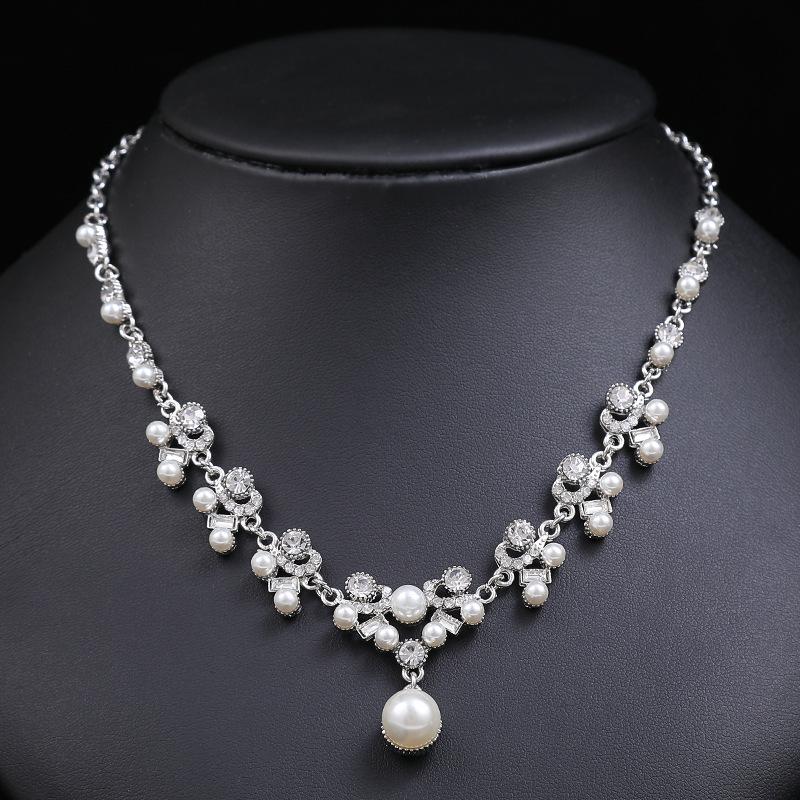 Bridal Dress Personality Pearl Necklace Earrings Set Femininity Alloy Droplet Shape