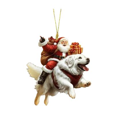 Santa Claus Dog Christmas Ornaments Funny Santa Claus Riding Puppy Ornaments 2D Acrylic Animal Christmas Hanging Decoration for Dog Lovers