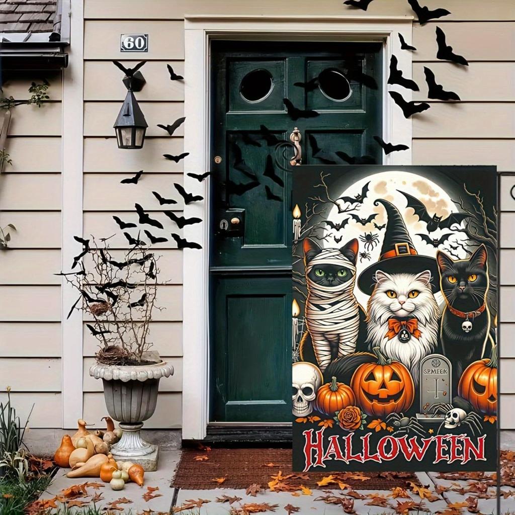 1pc 30x45cm Halloween Three Cat Pumpkin Bats 3D Printed Suitable for Halloween Yard Outside Decoration No Flag Pole 12X18Inch