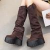 14Cm Thick-soled Boots Suede Stacking Boots 2025 New But Knee Women's Boots Irregular Design Folds