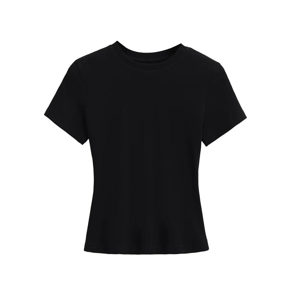 Retro Solid Color Slim Fit Crop Top with Round Neck & Short Sleeves