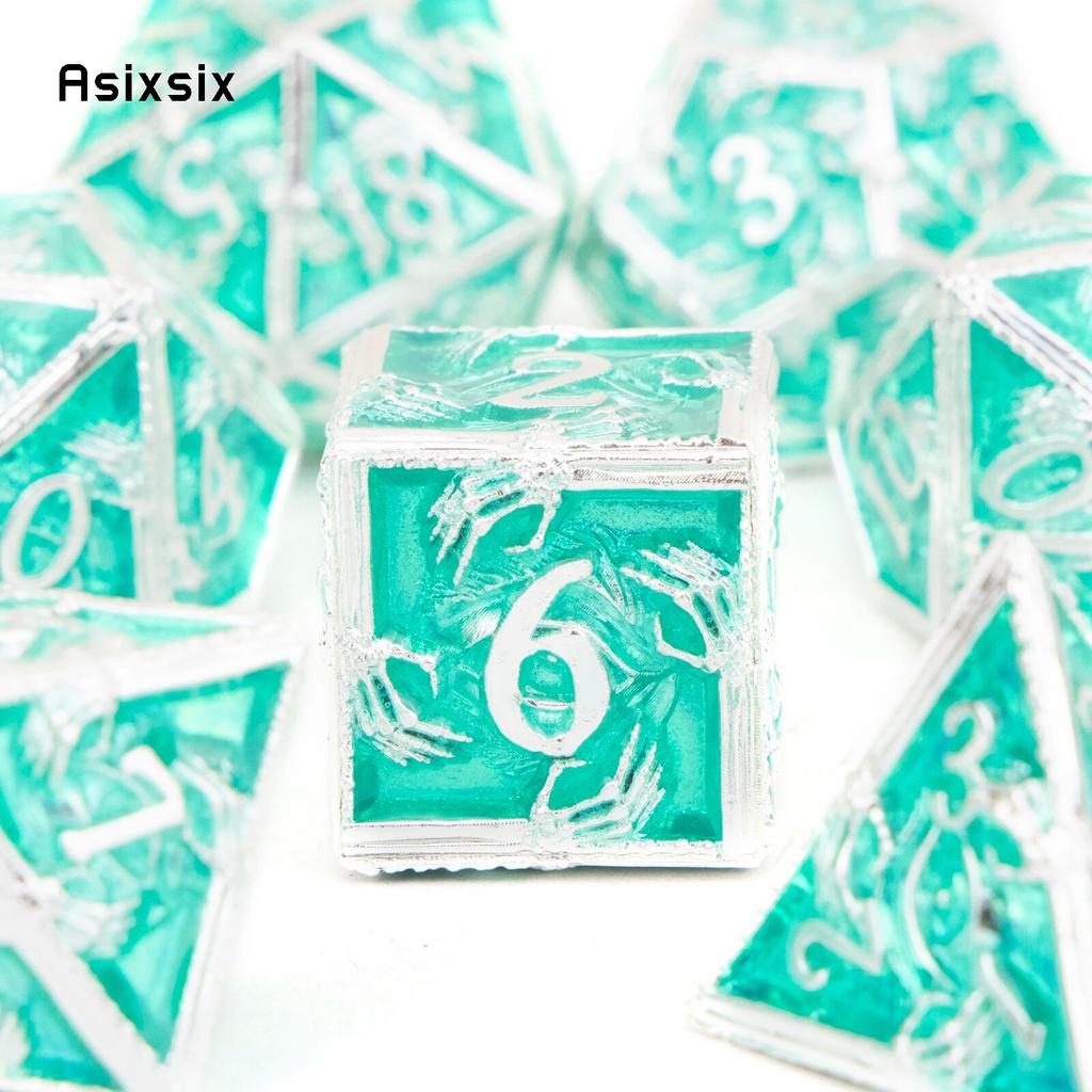 7 Pcs Silver Green Hand Metal Dice Solid Metal Polyhedral Dice Set Suitable for Role-Playing RPG  Board Game Card Game