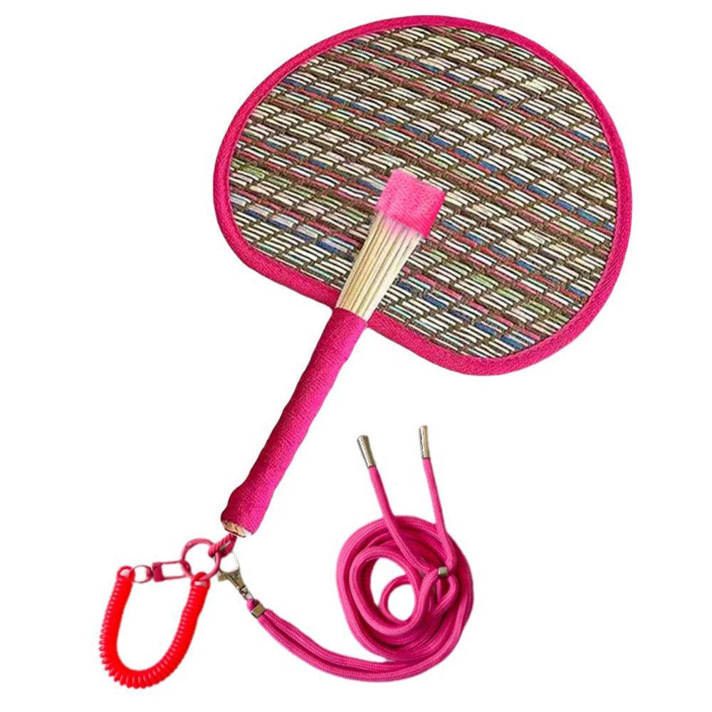 Vibrant Colors Straw Hand Fan Round Hand Cranked Fan Portable Handwoven Fan  Picnic Rose Red with 2 Rope