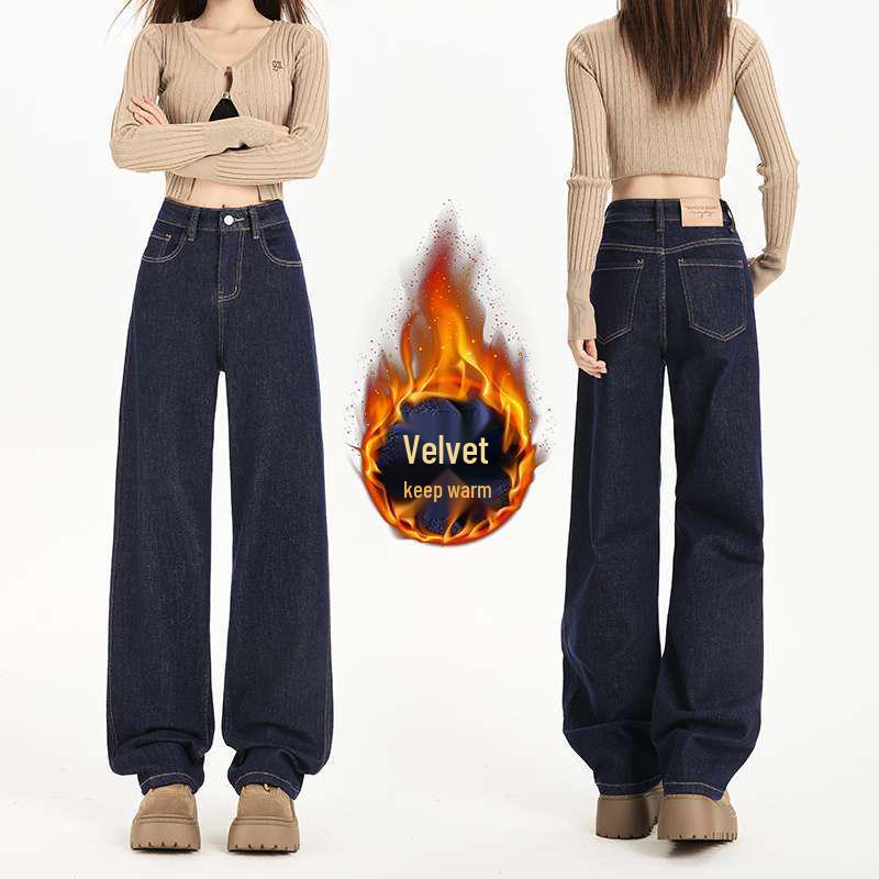 

Women s Fleece-Lined Elastic Straight-Leg Jeans - Thick, Anti-Fade, Wide Leg, Autumn/Winter, Slim Fit, Loose Casual Medium
