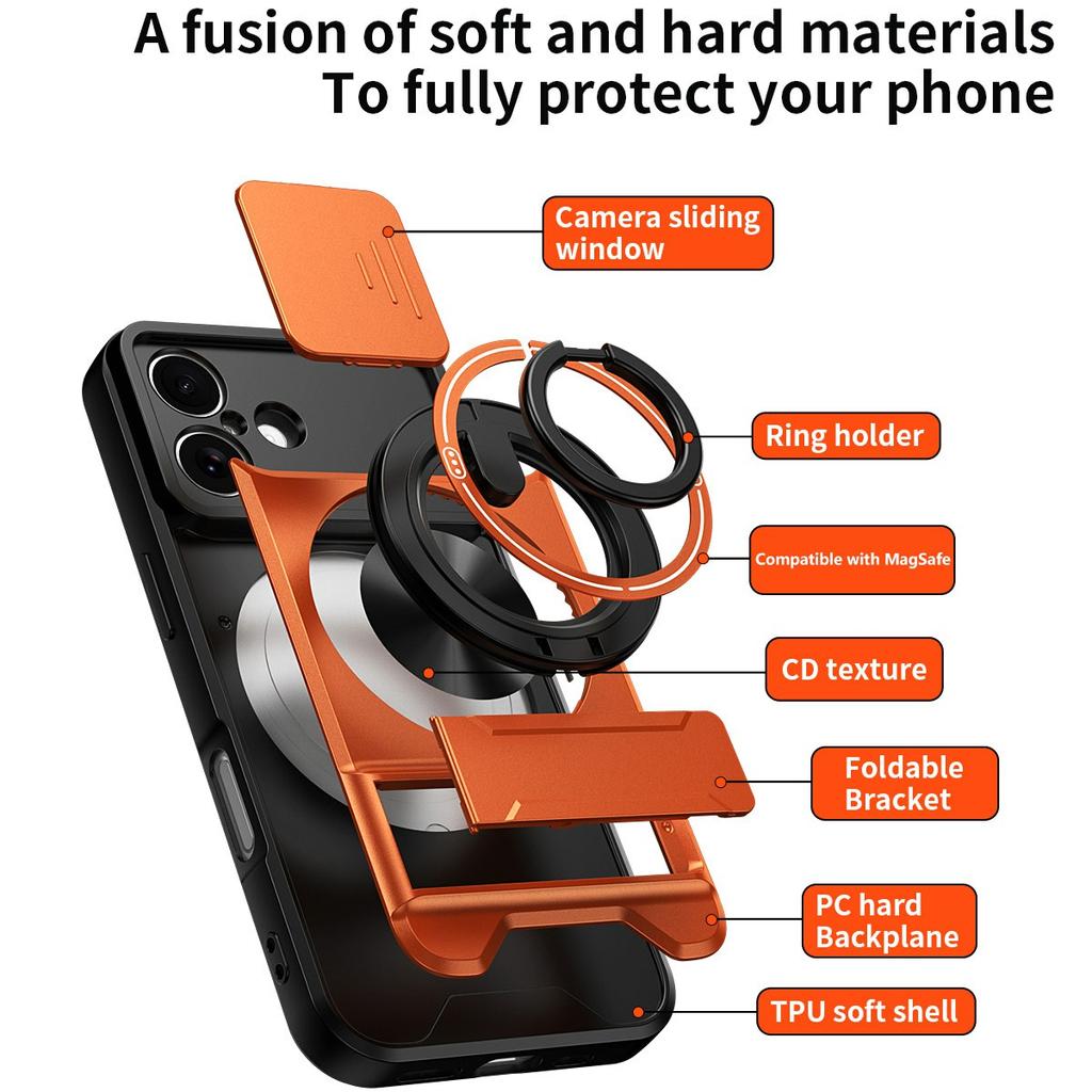 For iPhone 17 Case Compatible with MagSafe Ring Holder Foldable Kickstand TPU PC Phone Cover with Camera Lens Slider