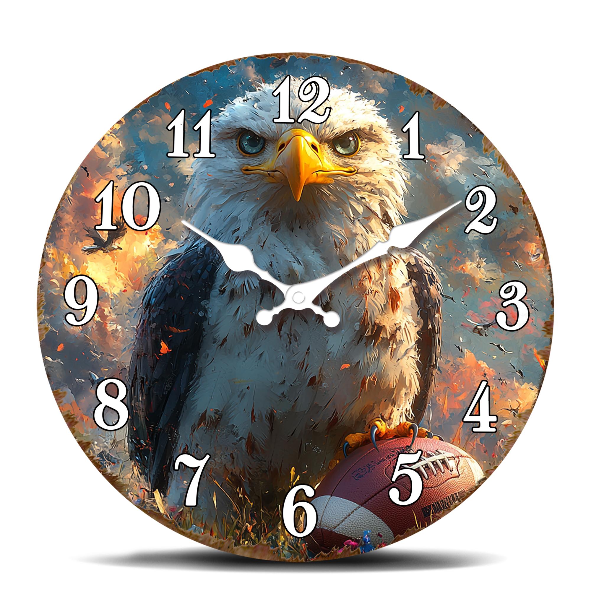 Majestic Eagle with Football Round Wall Clock - Sporty Bird of Prey Decorative Timepiece 10 inch