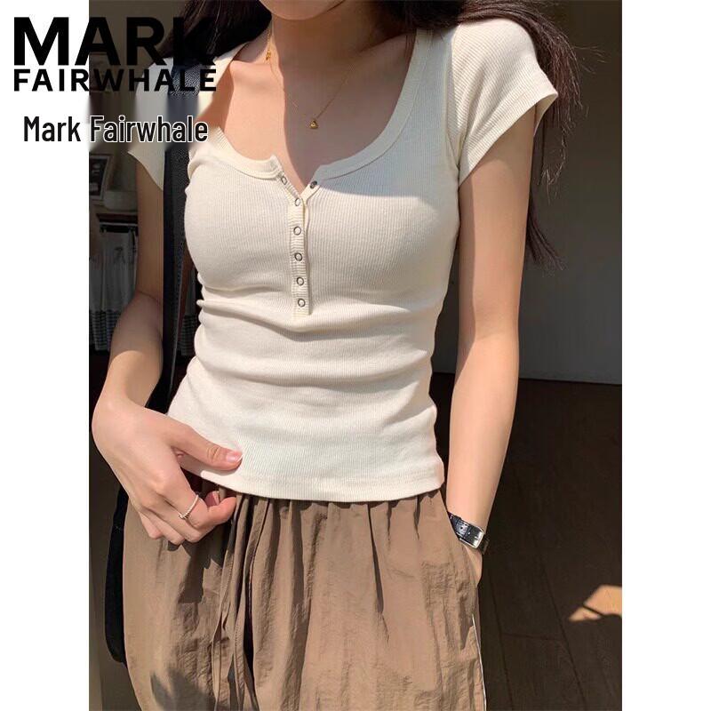 Mark Fairwhale Women's Slim Fit Half-Open Collar Short Sleeve T-Shirt