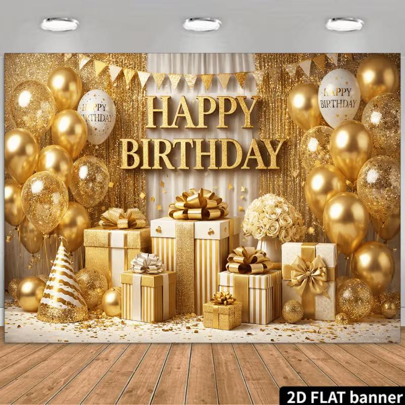 

2D Shiny Gold Birthday Backdrop, Gift Box & Confetti Photography Banner 47.2x31.5inch/120*80cm
