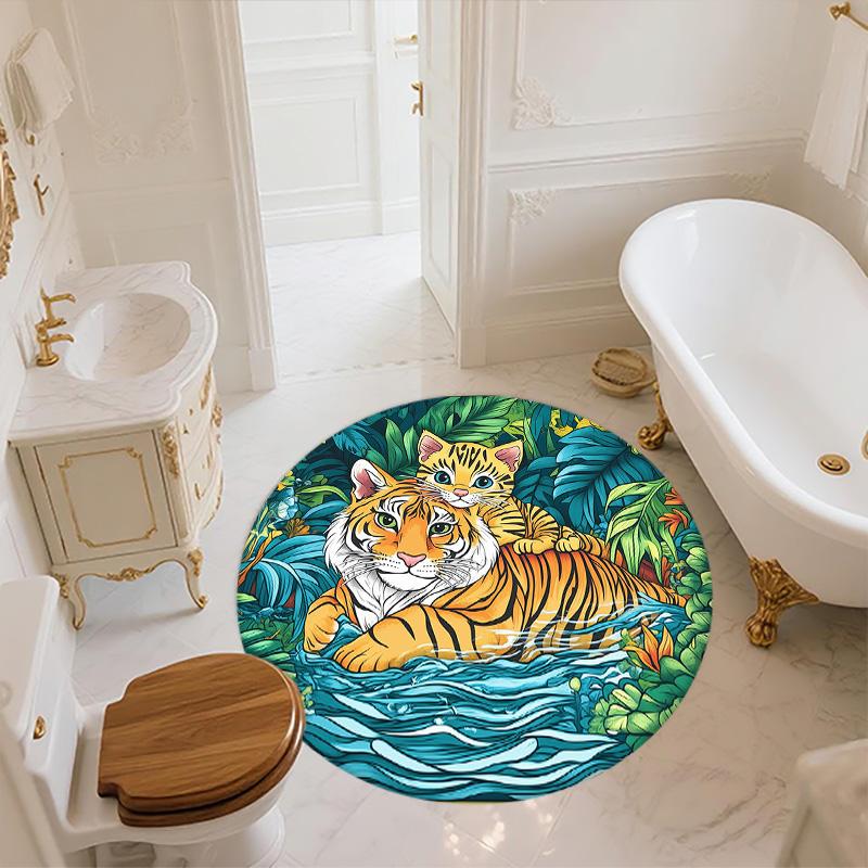 Bamboo Forest Tiger,Round Area Rug,Carpet Rug for Living Room Bedroom Sofa Playroom Decor,Non-slip Floor Mat