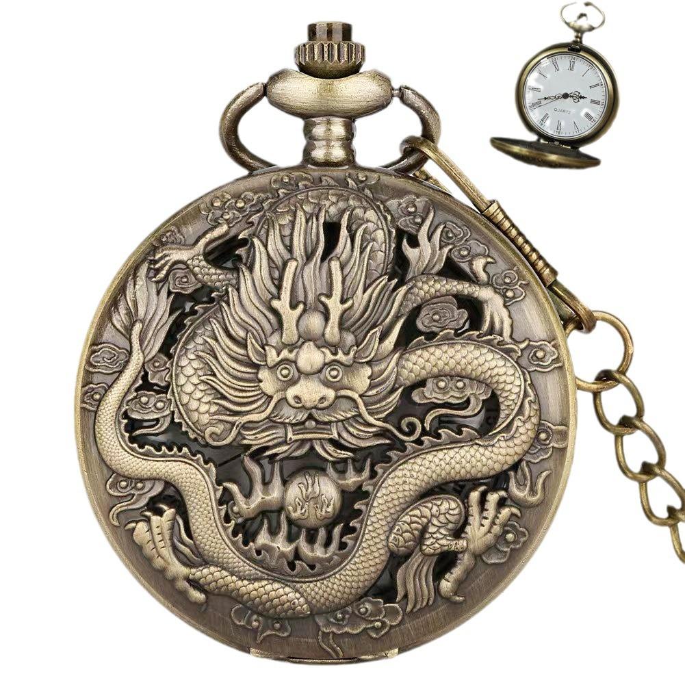 New Trans Bronze Quartz Pocket Watch Vintage Domineering Dragon Pattern Large Pocket Watch