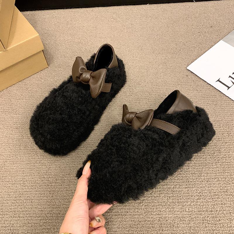 Plush Women's Shoes Are Comfortable and Versatile for Daily Wear, Simple and Classic Solid Color, Low Heel Soft Sole, One Pedal Cotton Shoes for Women