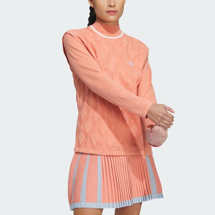 adidas Two-In-One Polo Shirt And Vest Color Block Logo Long Sleeve Knit Top Women Tops Pink Brown HZ6117
