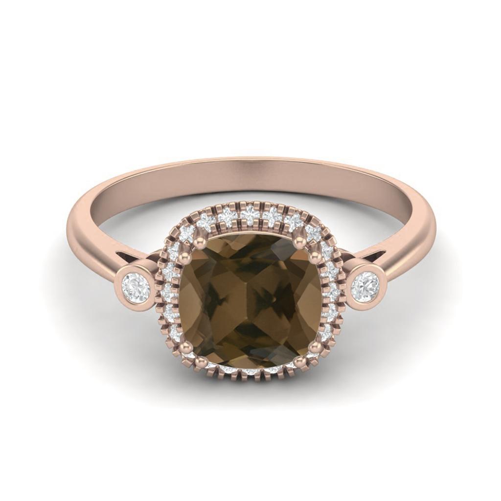 7mm Cushion Smoky Quartz 925 Sterling Silver Rose Vermeil Solitaire Accents Women Anniversary Ring