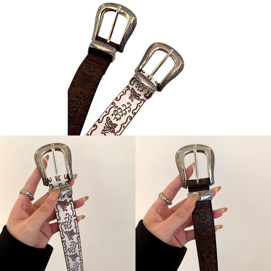 Vintage Butterfly Print Pu Leather Belt For Women With Metal Buckle For Casual Denim Accessories