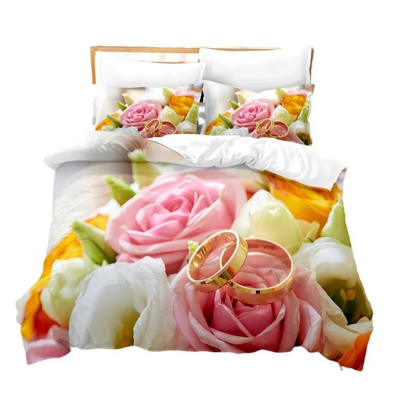 Deluxe Rose Queen Bedding Set Beautiful Flower Duvet Set Romantic Flower Three-Piece Set