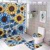Bathroom Curtain And Rug Set, Sunflower Pattern Printed On Shower Curtain And Bath Mat Set, Designed For Farmhouse Contemporary