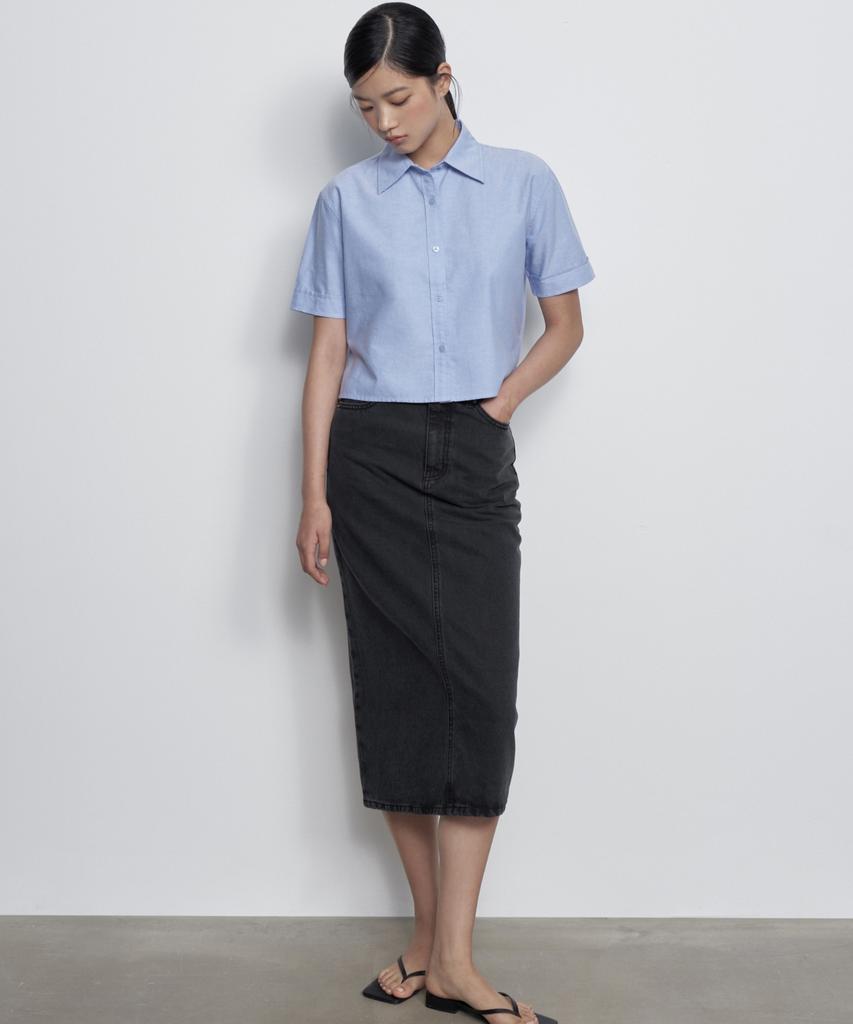 MUSINSA STANDARD WOMAN Women'S Oxford Crop Short Sleeve Shirt [Blue]