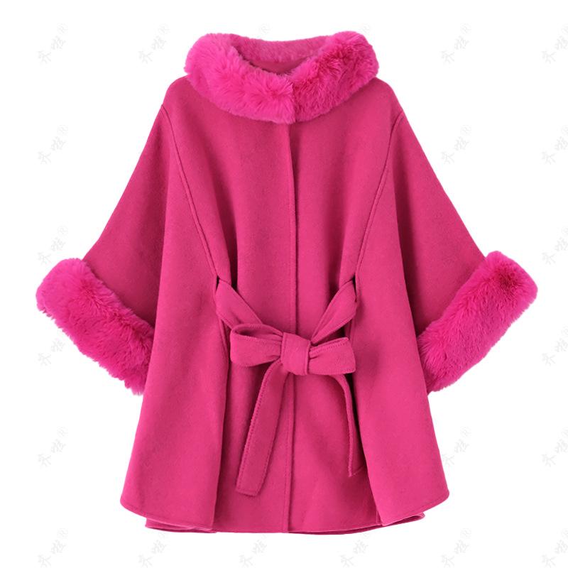 Women's Fox Fur Collar Wool Cape - Lace-up, Plus Size, Autumn/Winter Shawl.