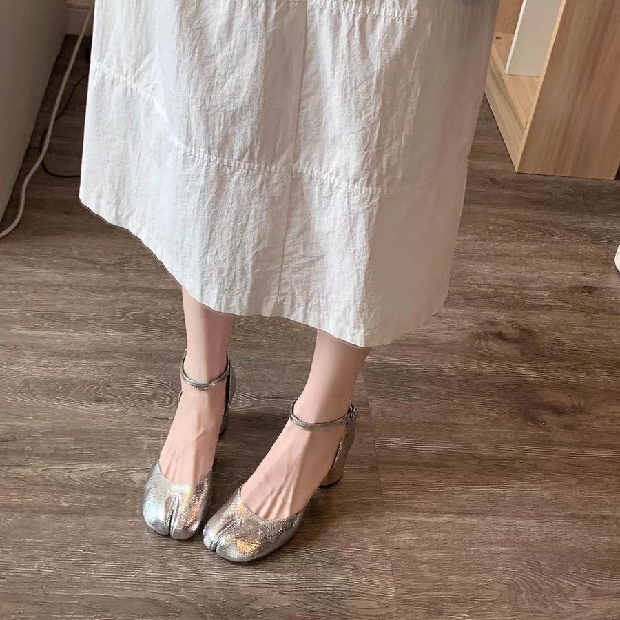 Sheepskin version~ Leather silver bag head sandals women's summer wear thick heels split-toed pig's trotters high heels Mary Jane shoes