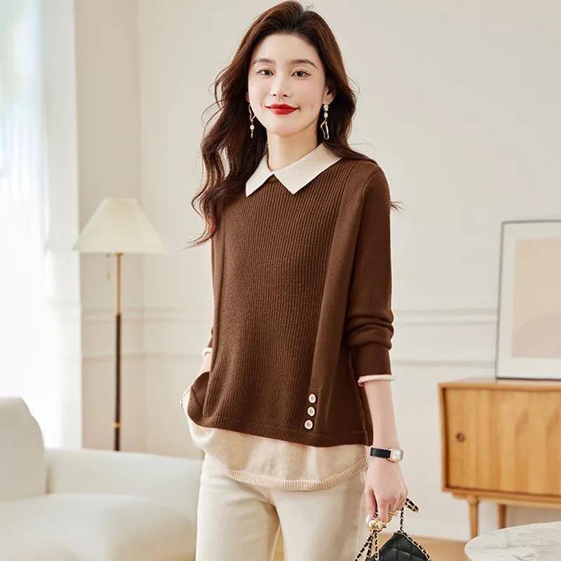Lapel Fake Two-piece Knitted Bottoming Shirt Women's Autumn and Winter Loose and Thick To Keep Warm
