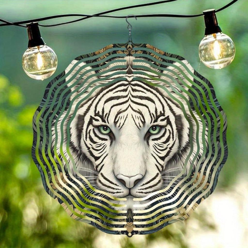 Mandala Lasergeschnittener Windspinner Outdoor Gartendekor Weißes Tiger Muster 2D Dynamisches Metall Windspiel Hängend Rotierend Klassischer Stil mit