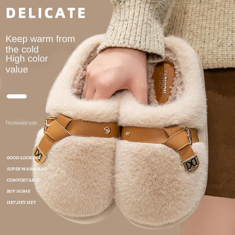 Fashion Winter Women Fluffy Slippers Fashion Belt Thick Sole Outdoor Snow Boots Platform Home Cotton Shoes Plush Warm Indoor Slippers