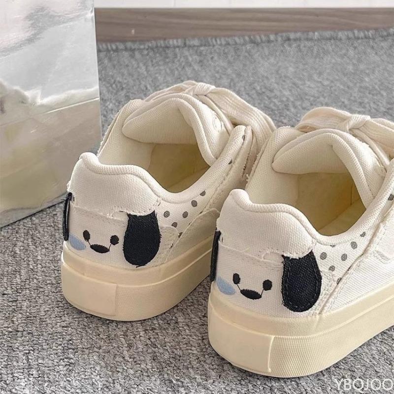 Dog board shoes for women's spring summer new round toe cute white shoes solid color thick soled lace up simple sports shoes