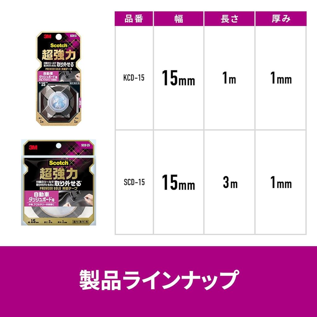 3M Scotch Ultra Strong Premier for Car 15mm x Double-Sided Tape, Gold, Black, Dashboards, 1m, KCD-15