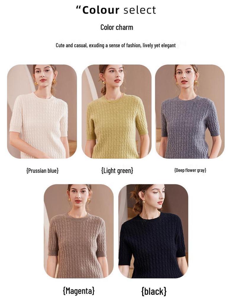 2024 A/W Women's Cashmere Round Neck Short Sleeve Hollow-Out Cable Knit Sweater Top